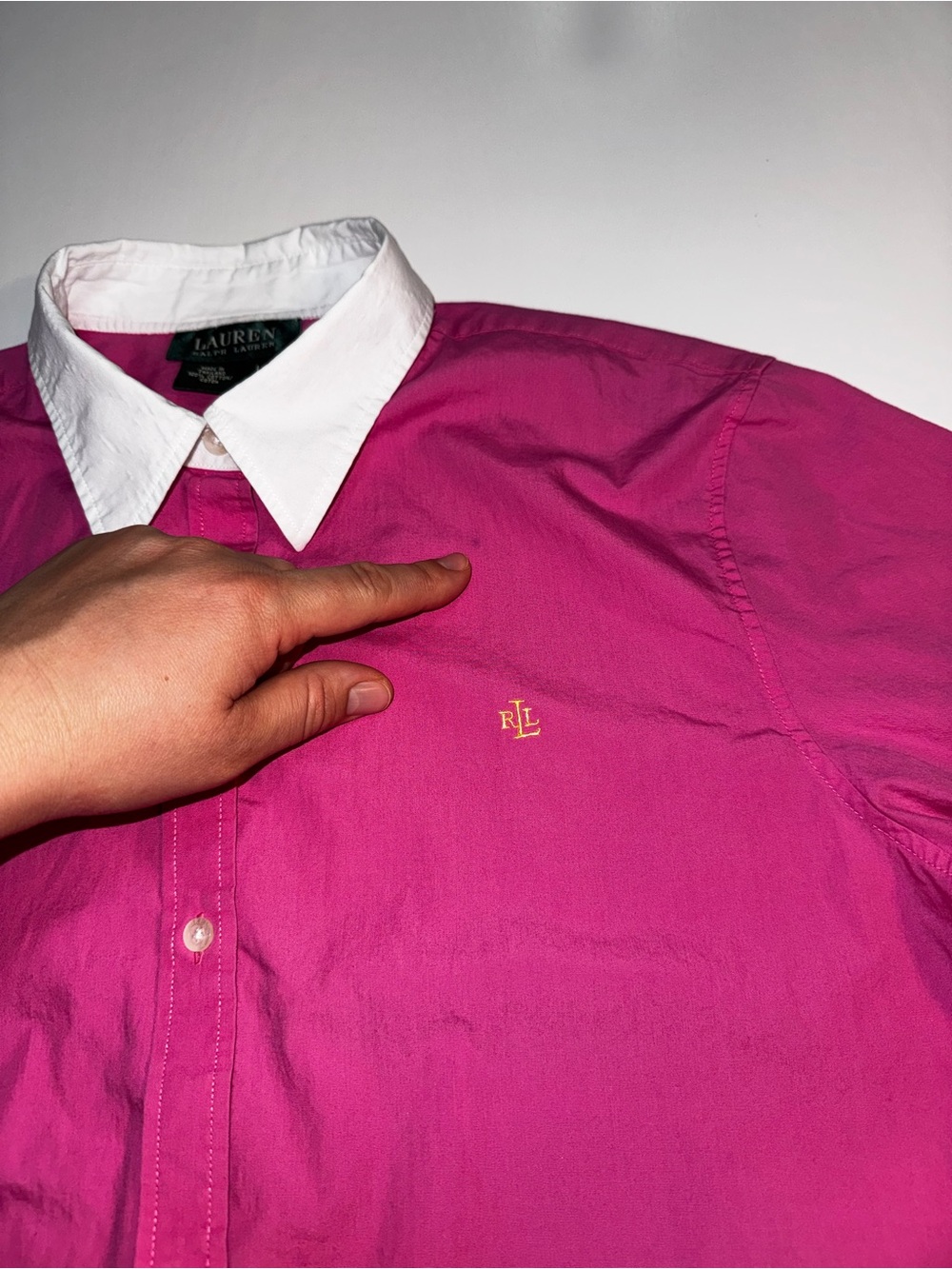 Lauren Ralph Lauren women’s L Pink Solid Cotton Point Collar Logo Dress Shirt - Picture 4 of 16